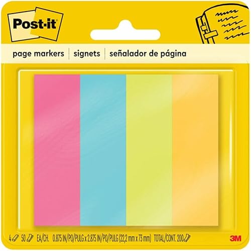 Post-it Marcadores de página, colores surtidos, 1 x 3 pulgadas, 50bloc, 4 blocs por paquete