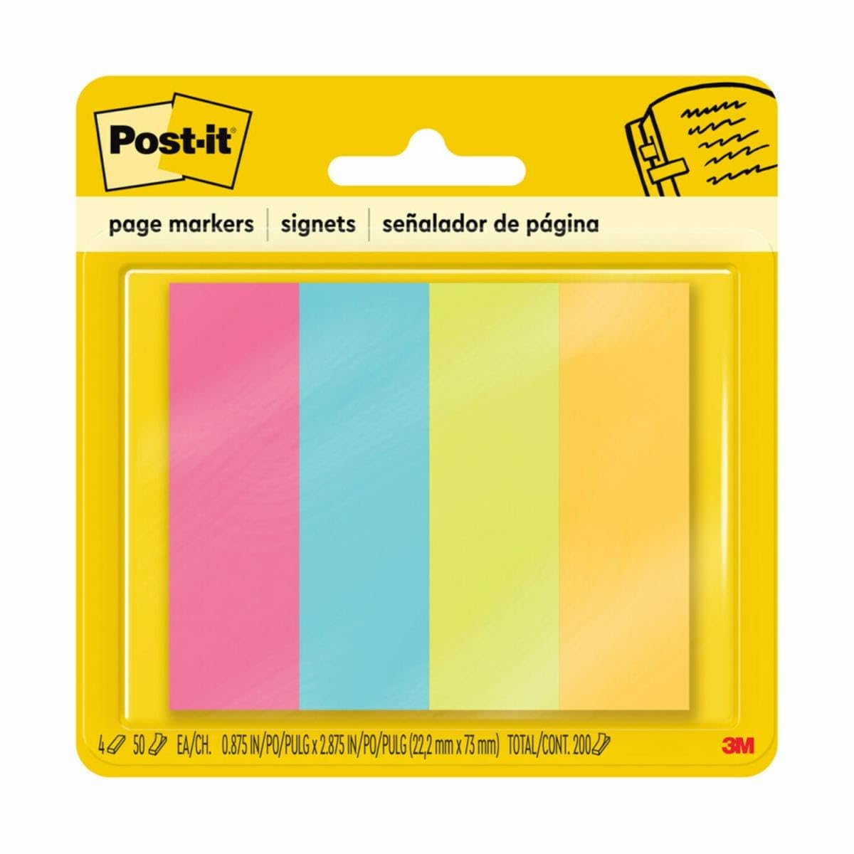 Post-it Seitenmarker 671-4AU. 22,2 mm x 73 mm. Verschiedene Farben, 4 Farben/Packung