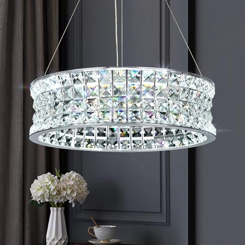 AOOCHOK Moderno lustre de vidro para sala de jantar, candeeiros suspensos em LED cromado, candeeiro suspenso redondo de vidro para sala de jantar, corredor, varanda, ilha de cozinha, fagor 40 cm