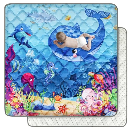 FAMOPLAY Baby Mat for Floor, Premium 50x50 Playpen Mat, Odorless Play Mat, Thicken Soft Padding Foam Play Mat for Baby, Non-Slip Cushioned Baby Floor Mat, Machine Washable Baby Crawling Mat (Ocean)