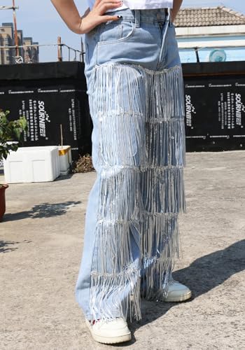 Women's Sequin Tassels Jeans Sright Leg Baggy High Waist Y2K Sparkly Fringe Raw Hem Feather Denim Pants4