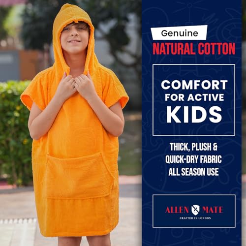 Image of ALLEN & MATE 100% Cotton Kids Hooded Surf Poncho Changing Robe, Quick Absorbent Wearable Swim Towel Boys & Girls, 6-13 Years