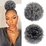 Yinmei Baibian Dark Grey Kinky Curly Afro Puff Drawstring Ponytail Short Afro Bun Extensions Synthetic Updo Hairpieces for Black Women(Ombre Grey)