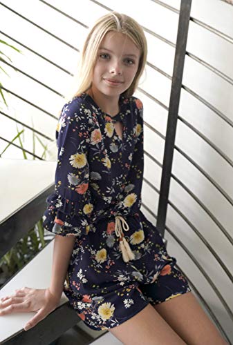 Smukke, Big Girls Tween Gorgeous Floral Printed Tier Ruffles 3/4 Sleeves Romper With Pockets (Many Options), 7-16 (10, Navy-Multicolor) #TOP1