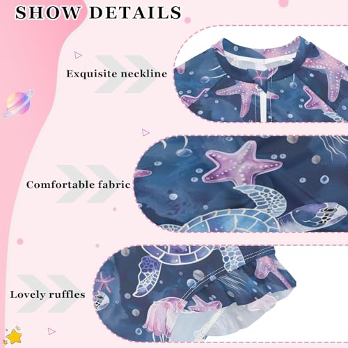 Sea Turtle Starfish Girls One Piece Rash Guard Swimsuit, Girls Long Sleeve Swimwear for 3-12Y4