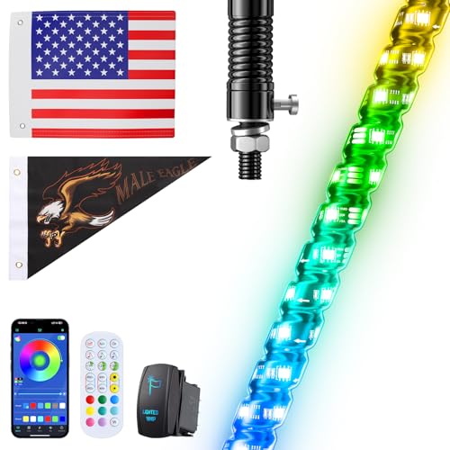 Image of Ehaho 1 PC 3FT Whip Lights with Spring Base, APP & Remote Control Led Whip Lights for Side by Side, Spiral RGB Chasing Lighted Whips with Rocker Switch, Music Led Whips for UTV ATV RZR SXS Can-Am