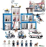 City Police Station Building Set, Headquarters Station, 4 Car Sets, Motorcycle, Police Helicopter, City Ambulance, Cop Patrol, 8 Police Minifigures, Compatible with Lego City 6-12 Boys Girls, 606 PCS