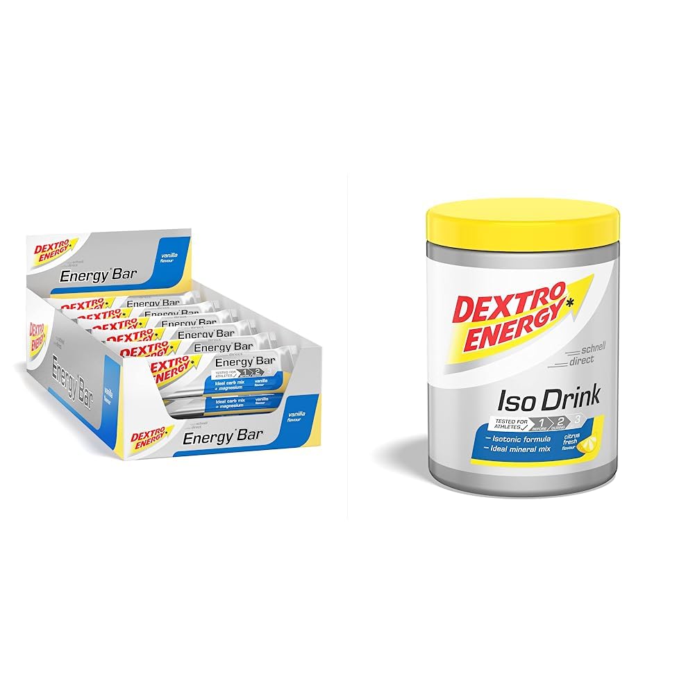 Dextro Energy Energy Bar -Vanille - 24x50g - Kohlenhydrat Boost Riegel mit Magnesium und Nährstoffen & Iso Drink Pulver | Citrus Fresh | 440g Isotonisches Getränkepulver Zitrone