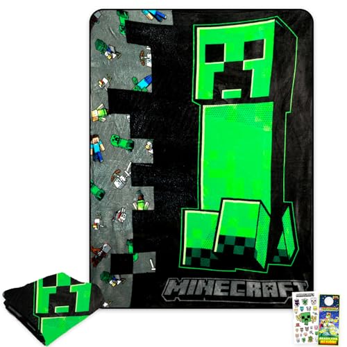 Minecraft Plush Blanket Set - Bundle with Video Game Creeper Soft Blanket Plus Stickers More for Kids Adults Teens | Cozy Minecraft Throw Blanket 45 x 60