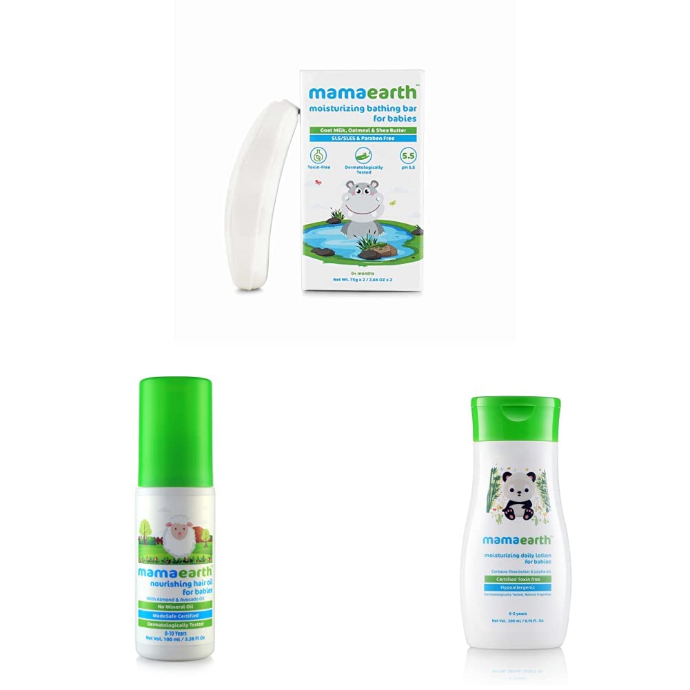 Mamaearth Moisturizing Baby Bathing Soap Bar, Pack of 2, 75gms Eac & Nourishing Baby Hair Oil with Almond & Avocado, 100ml & Daily Moisturizing Lotion, 200ml