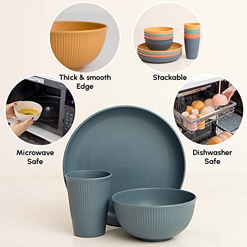 Wheat Straw Dinnerware Sets -Multicolor Dinnerware Set W/Wheat Straw Plates, Bowls & Utensils - Dishwasher & Microwave-Safe Dishes Set For 4 - Seniors & Kids Plates And Bowls Sets By Slow Hour #TOP5