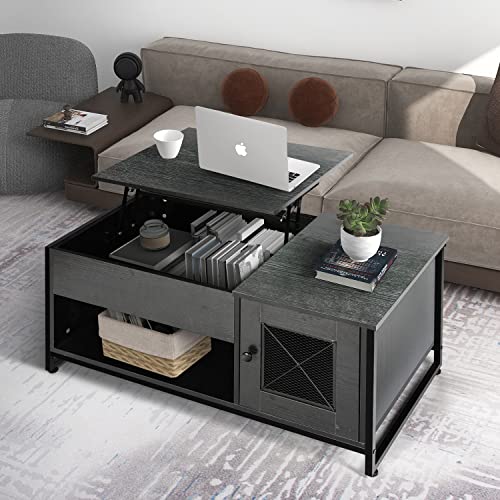Lynslim Lift Top Coffee Table, Industrial Lift Tabletop Dining Table, 2-Tier Shelves Coffee Table With Hidden Compartment, Side Cabinet And Metal Mesh Doors, For Living Room Storage, Black #TOP4