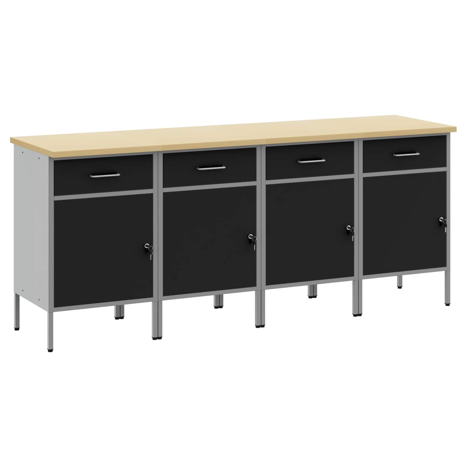 Banco da lavoro con cassetti, 4 pezzi, nero e grigio, 200 x 55 x 85 cm, armadio da officina in legno e acciaio, design industriale loft con ripiani e scomparti, contenitore robusto