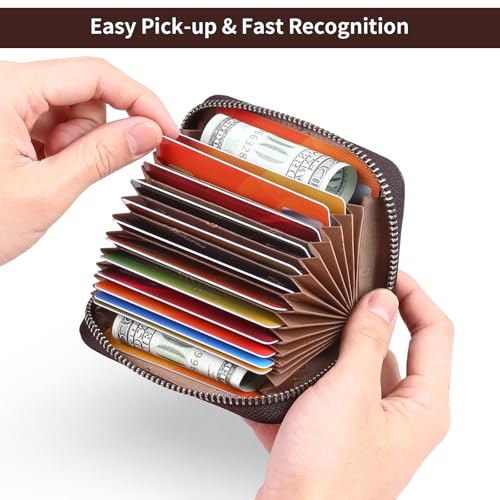 Genuine Leather Credit Card Holder Case RFID Blocking Travel Passport Wallet， Small Card Case for Men Accordion Wallet with Zipper ，Compact Size (Coffee)4