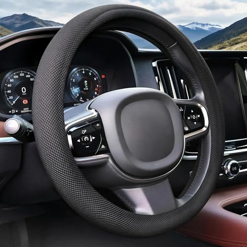 Universal Black Steering Wheel Cover, Microfiber Leather Non-Slip Breathable Cooling Steering Wheel Protector with Upgraded Silicone Inner Ring Warm in Winter Cool in Summer
