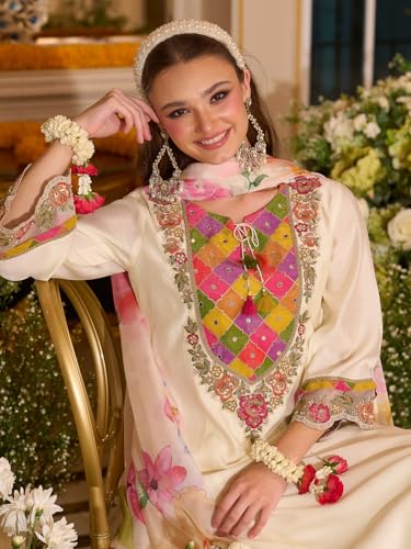 Image of INDO ERA Women's Silk Blend Floral Embroidered A-Line Kurta & Pant with Dupatta Set (IEOUT12374)