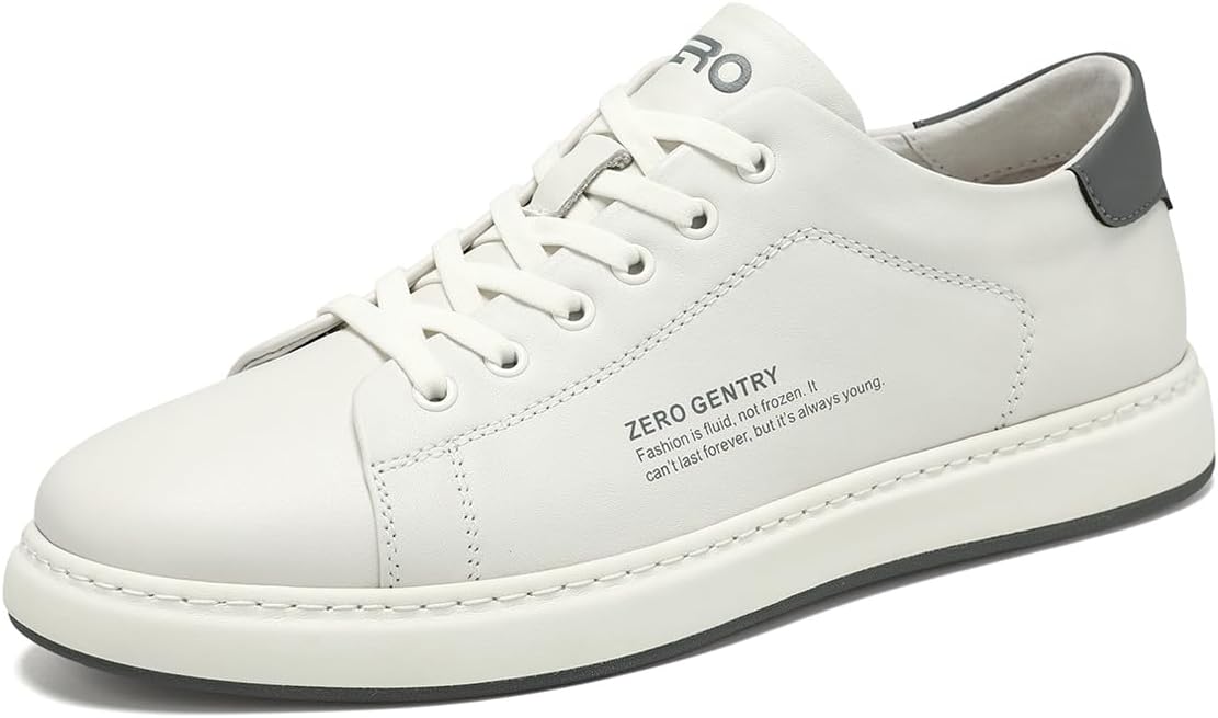ZRO Men's Handmade Stitching Premium Top Layer Cowhide American Street Fashion Art Board Shoes Low-Top Tie Soft Leather Casual Sneakers White 10