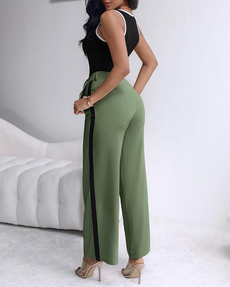 ChicMe Womens 2 Piece Outfits Summer Casual Sleeveless Slim Fit Tops and Striped Pants Lounge Set - Image 5