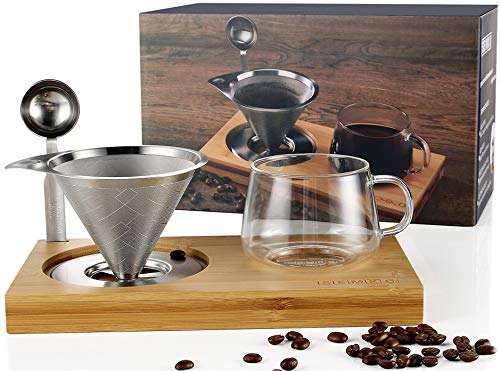 Pour Over Coffee Dripper Set Include Stainless Steel Paperless Reusable Filters, 8 Ounce Glass Cup, Spoon and Bamboo Base, Portable Single Cup Coffee Maker for Home Office - Gift-ready Package