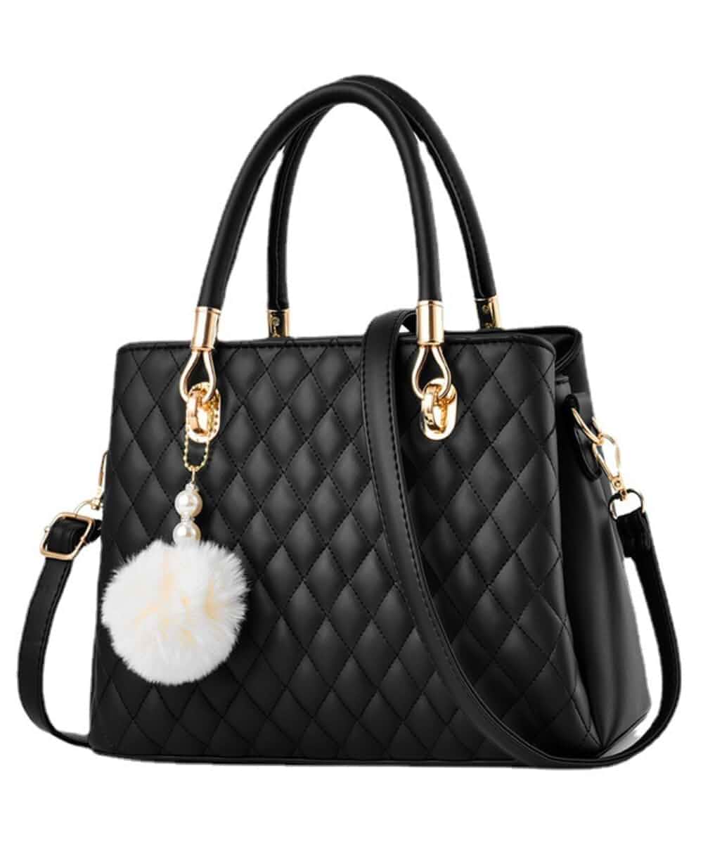 Xehuro Womens Minimalist Leather Handbag Shoulder Bag Satchel Bag Diamond Pattern Top Handle Bag for Women with Pompom