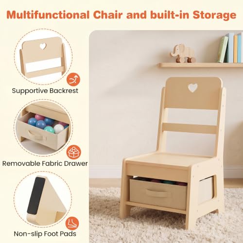 Image of HONEY JOY Kids Vanity, Wooden Girls Vanity Set with Lighted Mirror & Open Bookshelf, Ring Slot & Jewelry Storage, Toddler Makeup Vanity Desk Dressing Table, Kids Vanity Table and Chair Set (Natural)