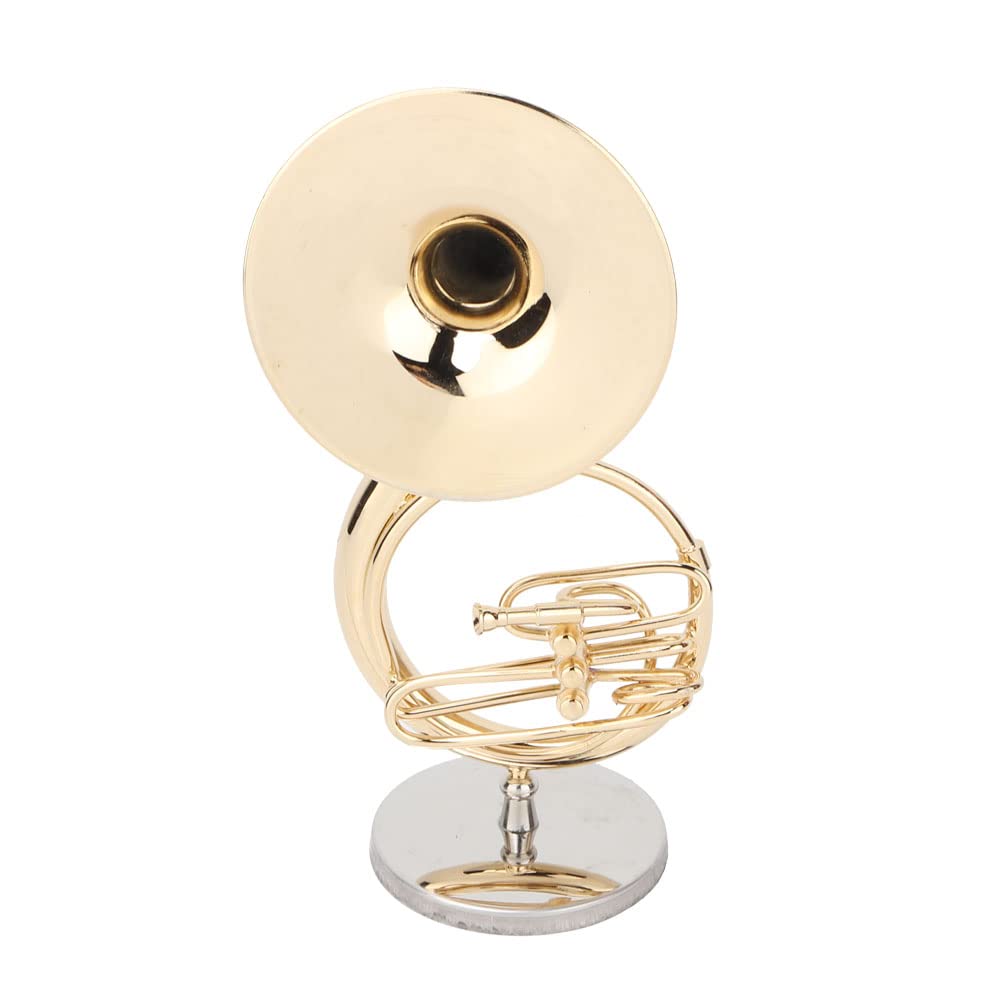 Cyrank Sousaphone Model Ornament, Metal Musical Instrument Model Sousaphone Display Ornament with Stand and Case Miniature Musical Replica Decoration