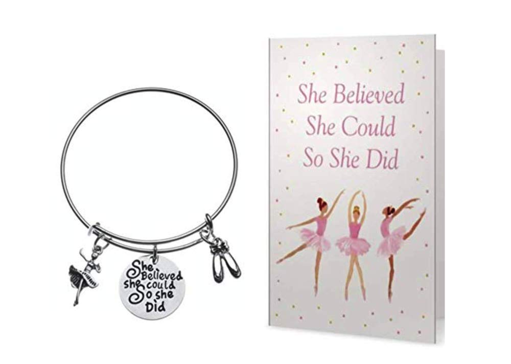 Sportybella Dance Charm Bangle Bracelet & Card Gift Set- She Believed She Could So She Did Jewelry- Gift For Dance Recitals, Dancers and Dance Teams