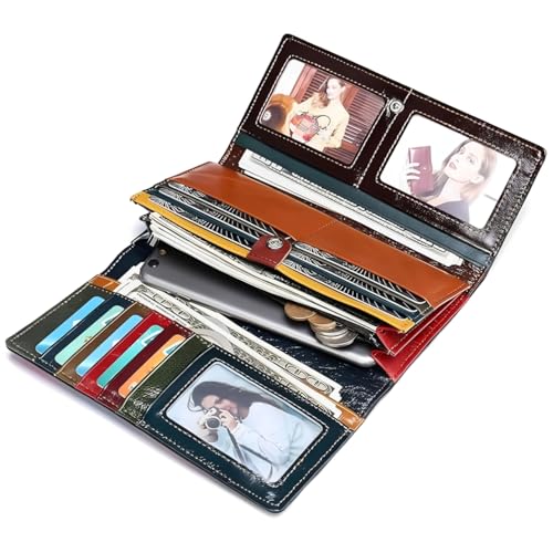 Women's Genuine Leather Wallet with Checkered Patchwork - Large Capacity Long Clutch Trifold Wallet Handbag Multicolor Ladies Purse4