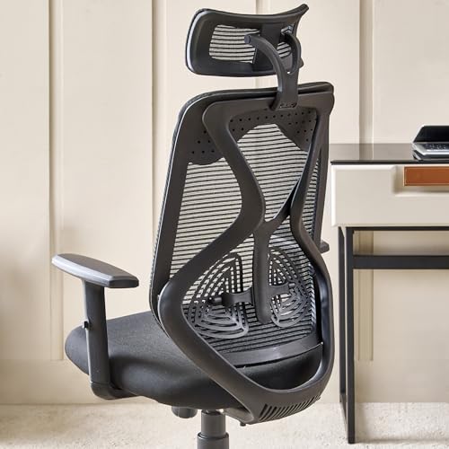 Image of Home Centre | Yuva Ergofit Office Chair | Ergonomic Study Chair | Polyester Blend | Black | 1 Year Warranty