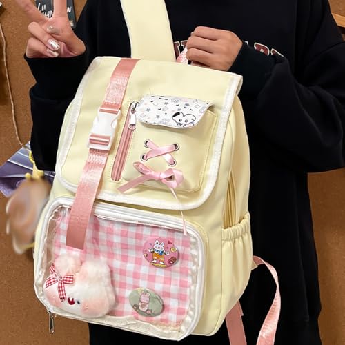 Kawaii School Backpack for Girls Cute Ita Bag Backpack with Pin Display Insert for Teen Kids Aesthetics Travel Bookbag (Yellow)4