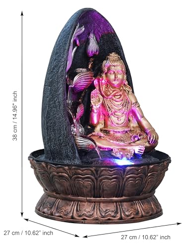 Image of Golden and Grey Polyresin Tabletop Lord Shiva Showing Mudra 3 Step Indoor Water Fountain for Home Decor with LED Light & Speed Control Pump (Size: 27 x 27 x 39CM | Wt: 2140Gram)