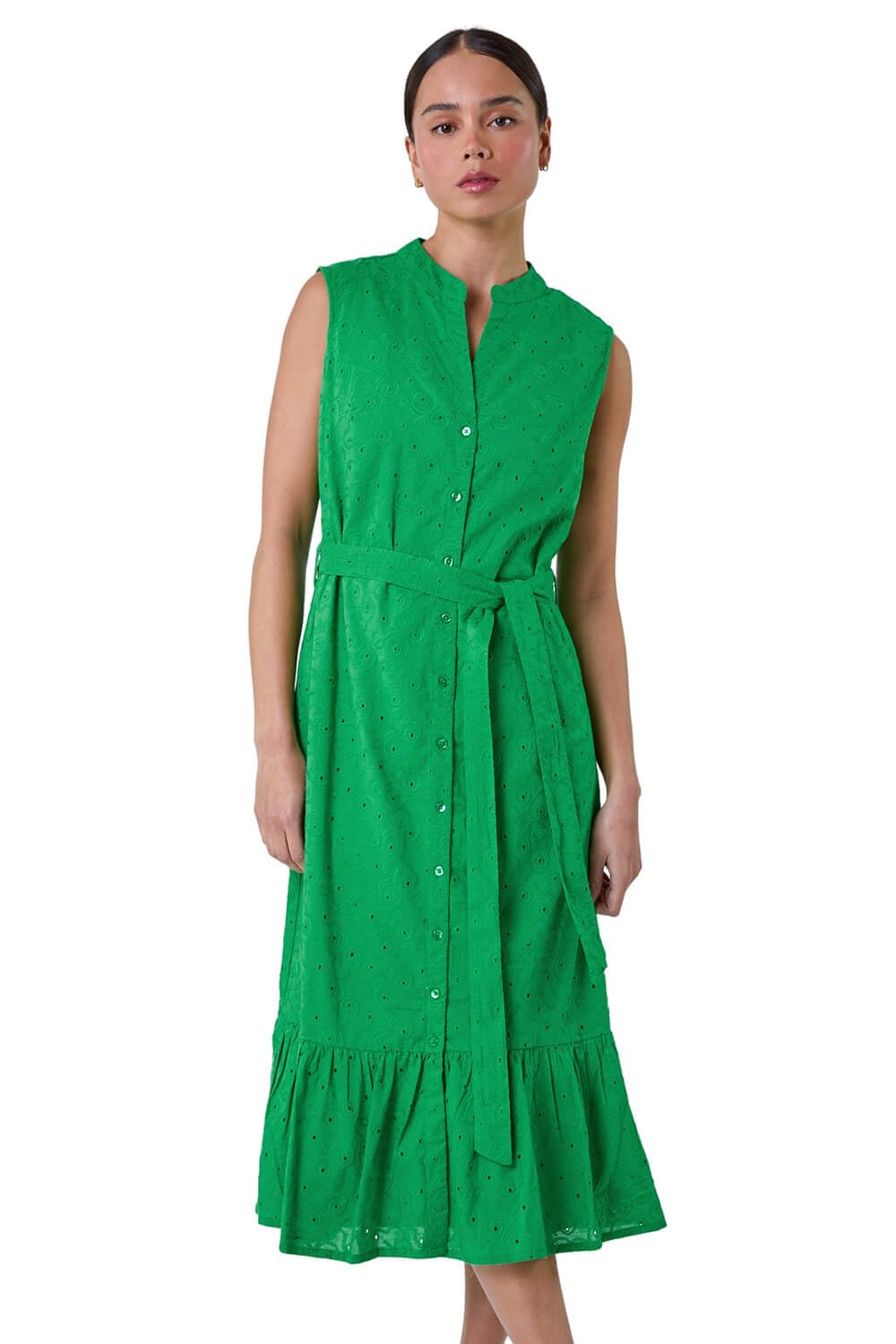 Roman Originals Women's Green Roman Petite Cotton Broderie Frill Midi Dress For Uk - Everyday Holiday Spring Summer V-Neckline Comfy Soft Evening Vacation Work Party - Size 18 Petite