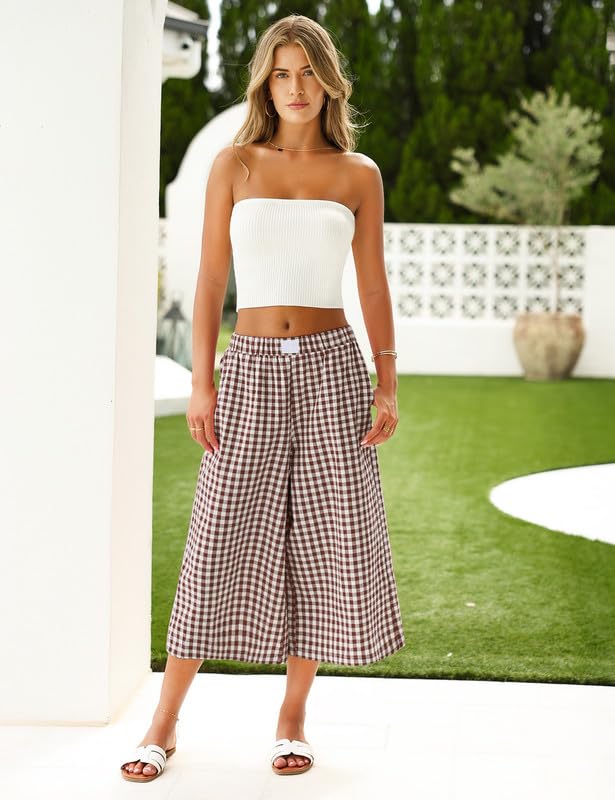 Image of Marvmys Women's Cotton Capri Pants Plaid Gingham Elastic Waist Casual Wide Leg Palazzo Culottes Pants with Pockets S-2XL