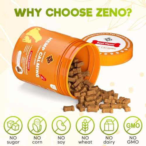 Image of ZENO Hemp Calming Chews for Dogs Anxiety - 150 pcs - Melatonin for Stress Relief, Travel, Check-ups, Barking or Grooming - Dog Calming Treats - Beef Flavor