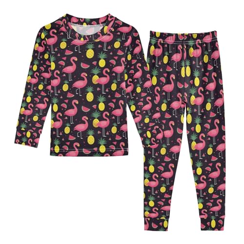 ALAZA Flamingo Pineapple Watermelon Black Pajamas Long Sleeve Sleepwear 2-Piece Pajama Set