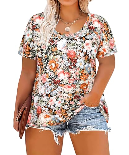 Image of CARCOS Plus Size Tops for Women Short Sleeve Shirt Summer Star /Leopard /Tie Dye /Flower Crewneck Pullover Tunic XL-5XL