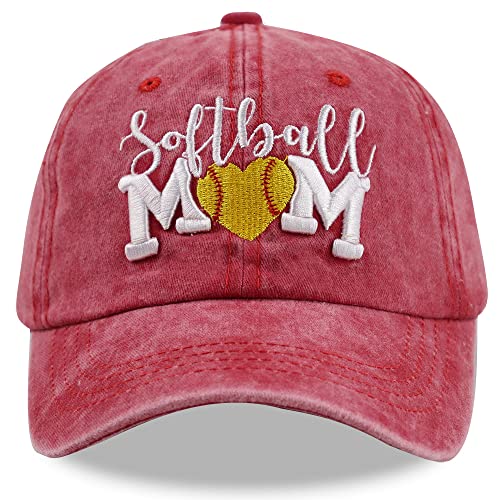MANMESH HATT Softball Mom Gifts for Women, Vintage Adjustable Distressed Baseball Cap, Cute Washed Embroidered Sports Mama Hat for Mothers Day, One Size, Red