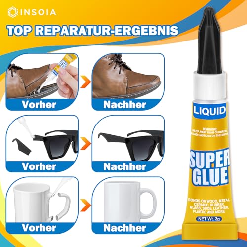 Sekundenkleber Flüssig (12er-Pack x 3g) – extra stark & wasserfest Superkleber für schnelle, flexible Sofortreparaturen, transparent kontakt Kleber für Kunststoff, Holz, Porzellan, Glas uvm.