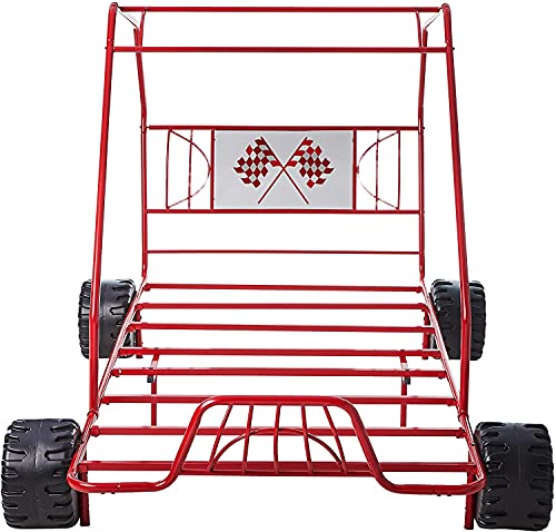 Metal Twin Size Kids Bed With Racer Cart Design ,Go Kart Car Bed For Boys, Twin Bed Frame With Four Wheels And Headboard ,Sturdy Slat System, No Box Spring Needed, Fit For Kids Teens Bedroom,Red #TOP4