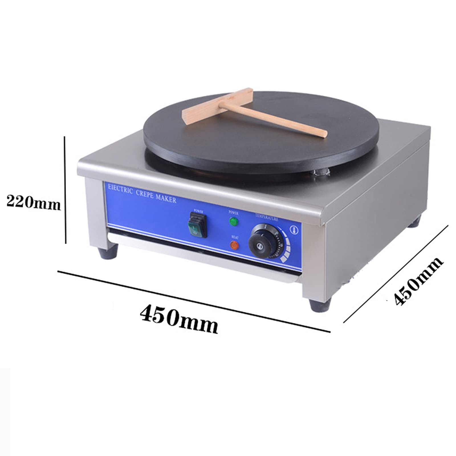 Crepera eléctrica comercial con placa calefactora de 15.7 pulgadas, potencia de 2.8 kW, temperatura ajustable de 50 a 300 °C, incluye esparcidor de masa para uso profesional