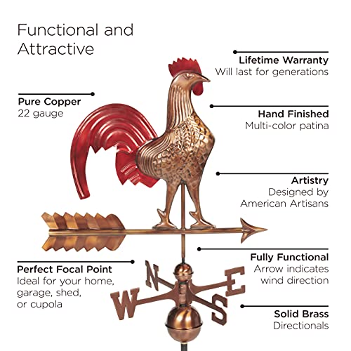 Rooster Weathervane - Pure Copper Hand Finished Multi-Color Patina By Good Directions #TOP2