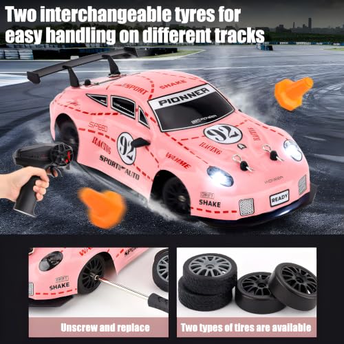Image of Cable World RC Drift Car for Kids, 2.4GHz Remote Control Car, 4WD Dual Motor, Unbreakable PVC Body, High Speed, 80+ Feet Range, LED Lights, Rechargeable Battery, Extra Drift & Racing Tyres - Pink
