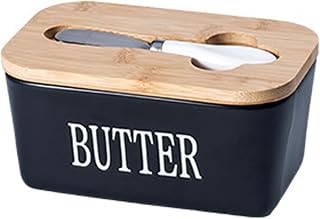 Mantequera negra con tapa y cuchillo, recipiente hermético de cerámica para mantequilla, recipiente grande para encimera y nevera, elegante almacenamiento de cocina para mantequilla en bloque y