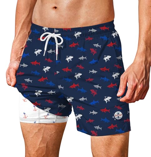 Image of Men's 5'' Swim Trunks with Compression Liner Graphic Beach Dry Fit Lightweight Bathing Shorts (S-XXL)