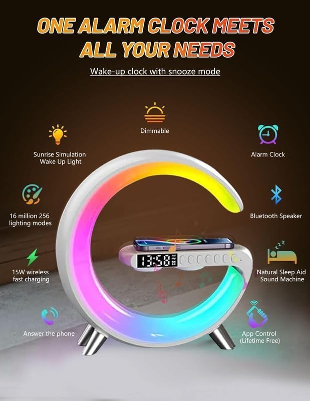 Image of Drumstone〚15 Years Warranty〛Smart LED Bedside Lamp with Bluetooth Speaker, Touch-Control, Wireless Phone Charger, Alarm Clock & RGB Night Light