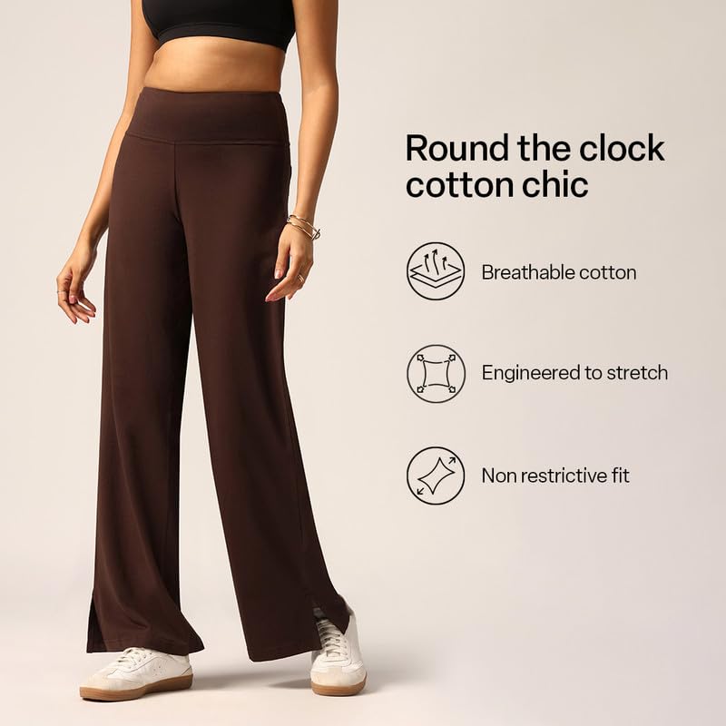 Image of BlissClub AM:PM Cotton Wide Leg Pants - Lite, Cotton Pants, Wide Waistband, Slit at Hem, Side Pockets, Tall (for Women Above 5'5 ft)