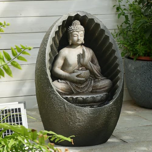 Bumilgar 40 CM Outdoor Solar Garden Water Fountain, Zen Buddha Water Features and Waterfalls with Lights for Patio, Backyard, Deck, Porch and Home Art Decor, Gray