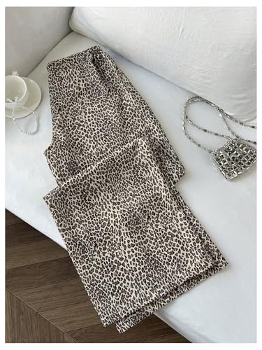 GORGLITTER Women's Leopard Cheetah Wide Leg Pants Y2k Flare Shirred Bell Bottom Paperbag Trousers2