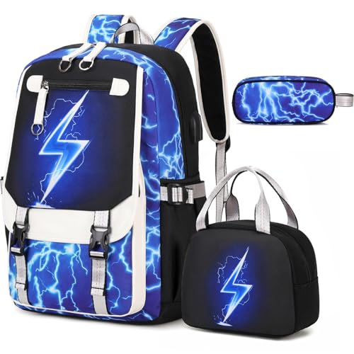 Bevalsa Backpack for Boys, Backpack with Lunch Box & Pen Case, School Bags for Kids, Bookbag for Boys Children Teens Backpacks for Elementary Middle School Student with USB Charging Port