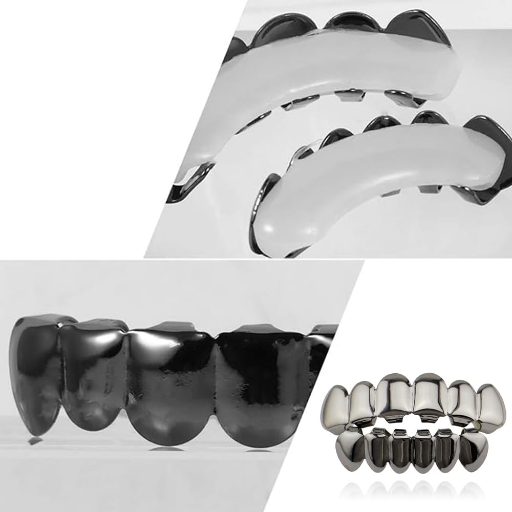 SSyang Hip Hop Teeth Grills for Mouth Braces Decoration with 2 Silicone Moldings Hip Hop Teeth Grills for Mouth Top Bottom Music Festival Party Hip Hop Rapper Decorations (Gun Black) - Image 3